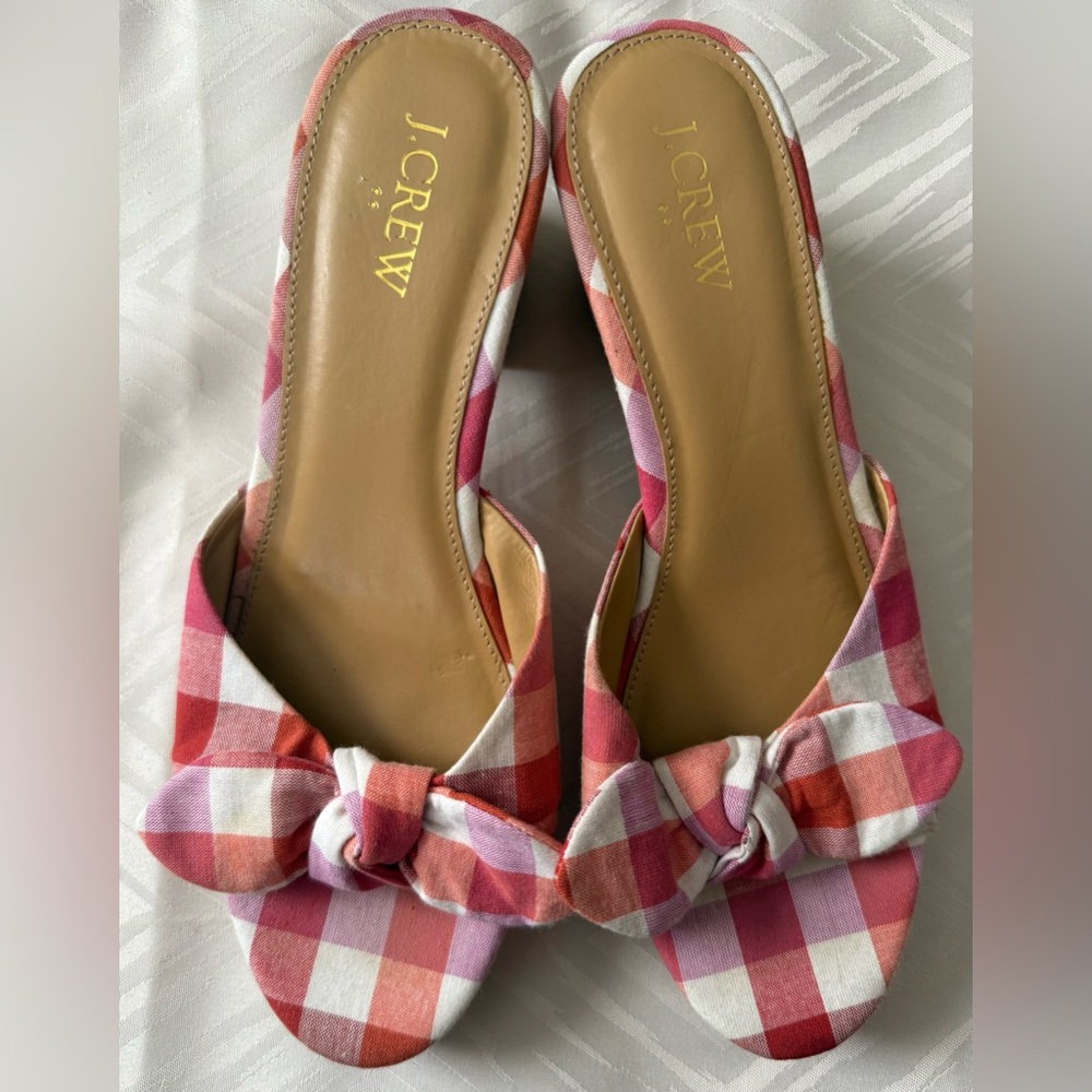 J. Crew Bow Pink and Red Plaid Mules Size 8.5 Wooden Slip On - Picture 2 of 8